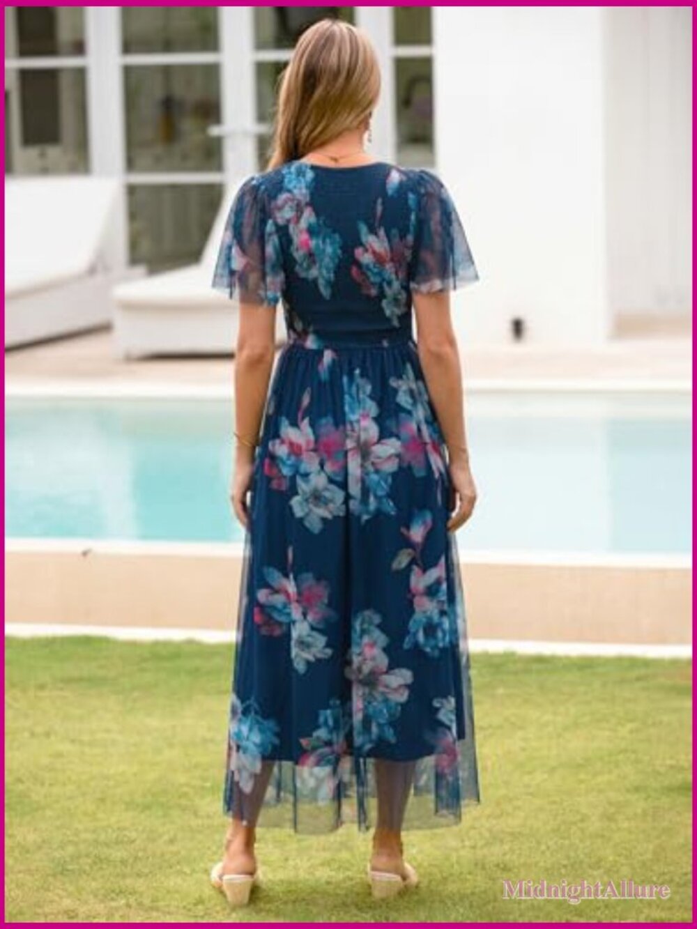 V Neck Flutter Sleeve Smocked Maxi Dress Boho Wedding Guest Summer - Picture 3 of 6